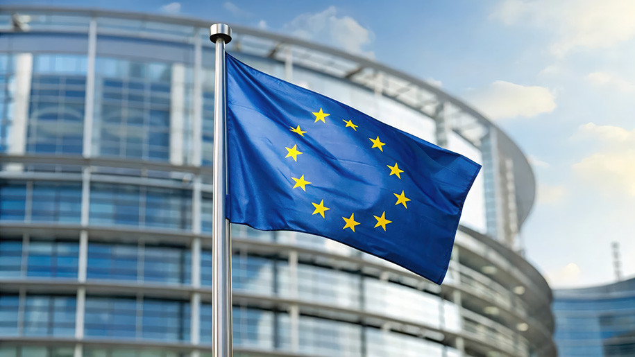 Europaflagge mit zwölf gelben Sternen weht vor einem modernen Glasgebäude bei Tageslicht, symbolisch für die Europäische Union und internationale Zusammenarbeit.
