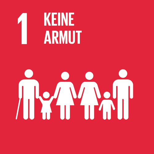 SDG-Icon 1, Keine Armut: Rotes Quadrat mit weisser Illustration von Eltern mit Kindern