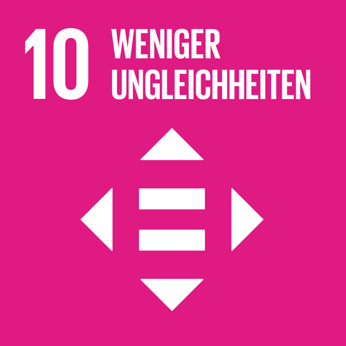 SDG-Icon 10, Weniger Ungleichheiten: Pinkes Quadrat mit weisser Illustration von Pfeilen, die in alle Richtungen zeigen und einem Gleichheitszeichen in der Mitte