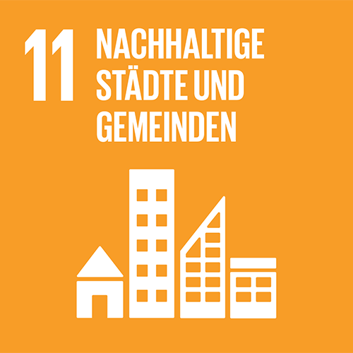 SDG-Icon 11, Nachhaltige Städte und Gemeinden: Helloranges Quadrat mit weisser Illustration von Gebäuden diverser Baustile und Grössen