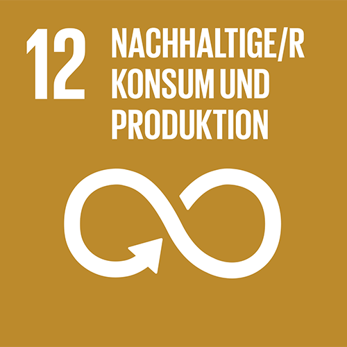 SDG-Icon 12, Verantwortungsvoller Konsum und Produktion: Hellbraunes Quadrat mit weisser Illustration einer Endlosschlaufe mit Pfeil