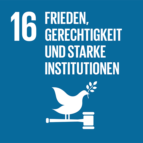  SDG-Icon 16, Frieden, Gerechtigkeit und starke Institutionen: Indigoblaues Quadrat mit weisser Illustration einer Friedenstaube mit Zweig, die auf einem Richterhammer sitzt