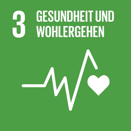 SDG-Icon 3, Gesundheit und Wohlergehen: Grünes Quadrat mit weisser Illustration eines EKG mit Herz-Symbol