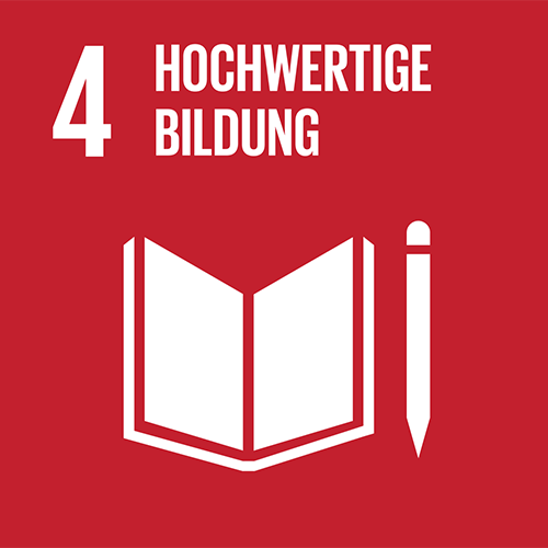 SDG-Icon 4, Hochwertige Bildung: Scharlachrotes Quadrat mit weisser Illustration eines geöffneten Buches mit Stift