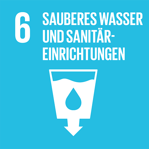 SDG-Icon 6, Sauberes Wasser und Sanitäreinrichtungen: Türkises Quadrat mit weisser Illustration von einem Gefäss mit Wassertropfen darin und einem Pfeil unten