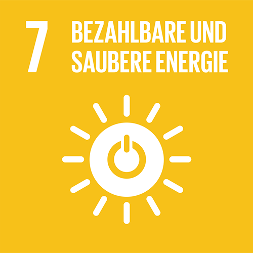 SDG-Icon 7, Bezahlbare und saubere Energie: Gelbes Quadrat mit weisser Illustration der Sonne mit einem Einschaltsymbol in der Mitte