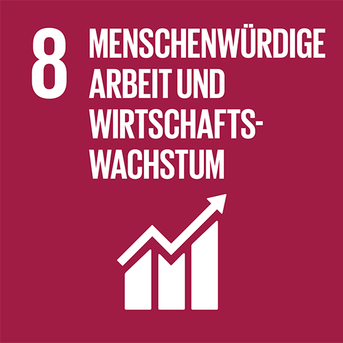 SDG-Icon 8, Menschenwürdige Arbeit und Wirtschaftswachstum: Dunkelrotes Quadrat mit weisser Illustration von Wachstumsbalken und einem nach oben gerichteten Pfeil darauf