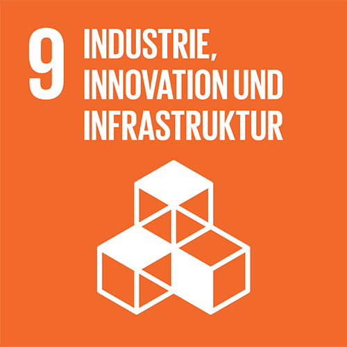 SDG-Icon 9, Industrie, Innovation und Infrastruktur: Oranges Quadrat mit weisser Illustration von Bausteinen