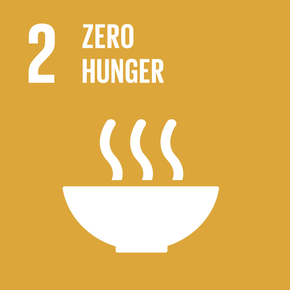 SDG-Icon 2, Kein Hunger: Dunkelgelbes Quadrat mit weisser Illustration einer dampfenden Suppenschüssel