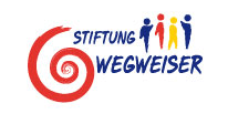 Logo of the Wegweiser Foundation featuring a red spiral on the left, with the blue text "Stiftung Wegweiser" on the right. Above are four stylized figures in red, blue, and yellow.