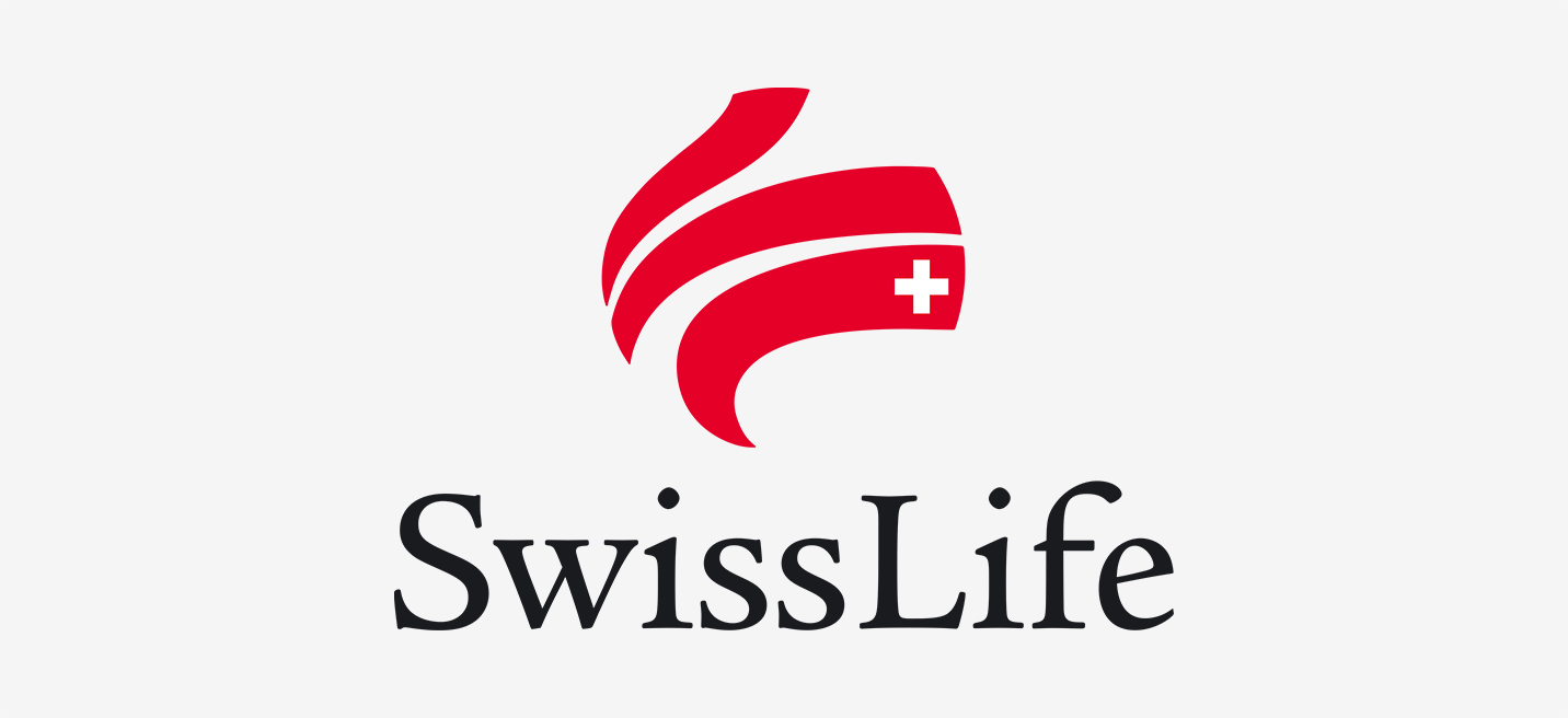 Swiss Life logo featuring a red, wavy symbol with a small white cross inside, above the black "SwissLife" text.