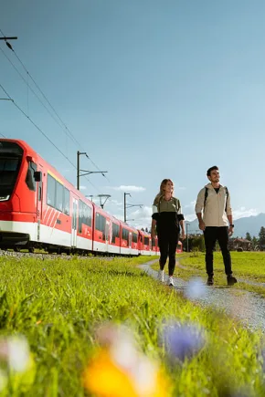 Eine grüne Wiese und zwei Menschen die Spatzieren an ihnen fährt ein roter Zug vorbei.
